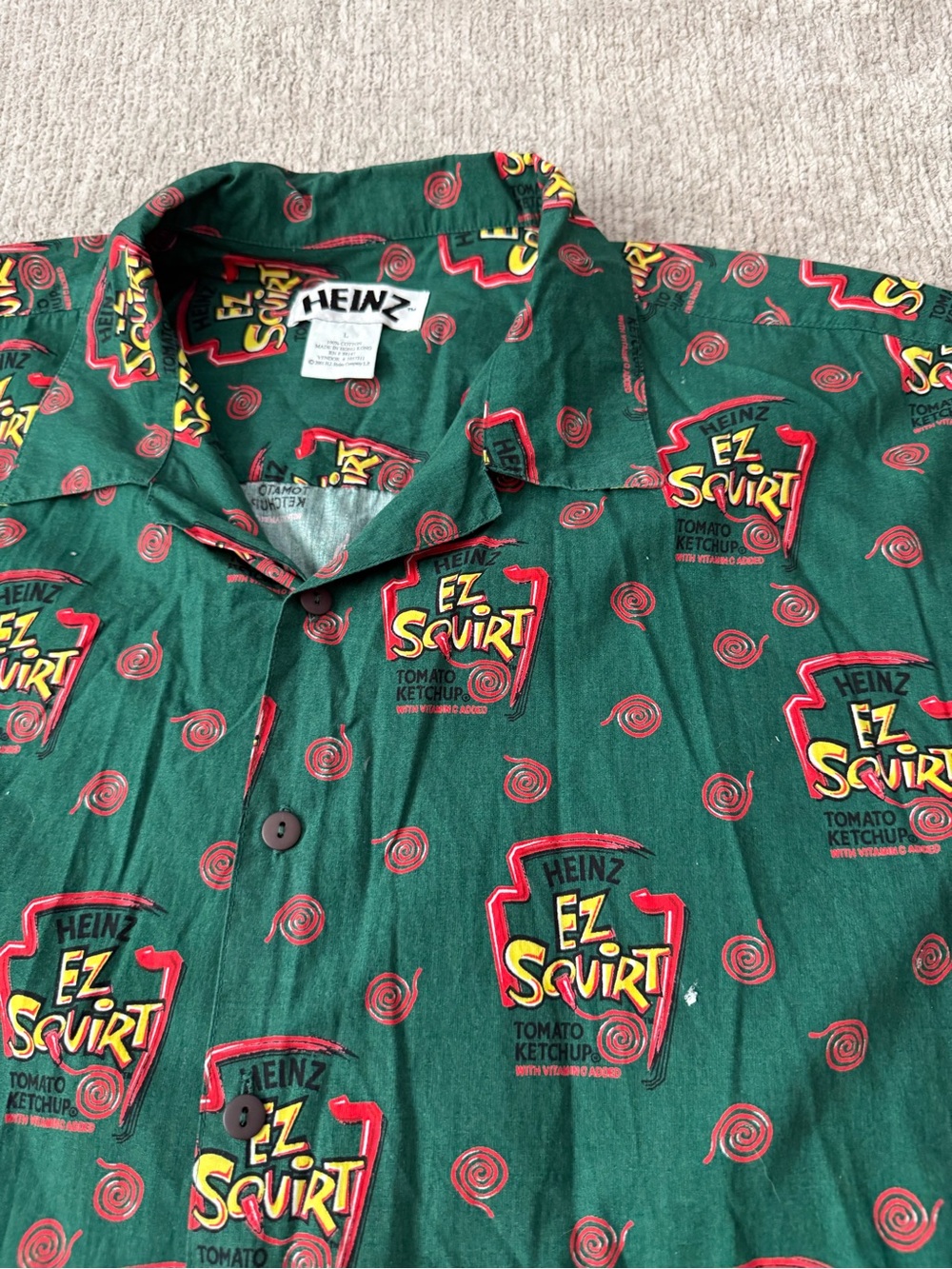 Vintage 2001 Heinz EZ Squirt Ketchup Button Up Shirt Green Large Y2K